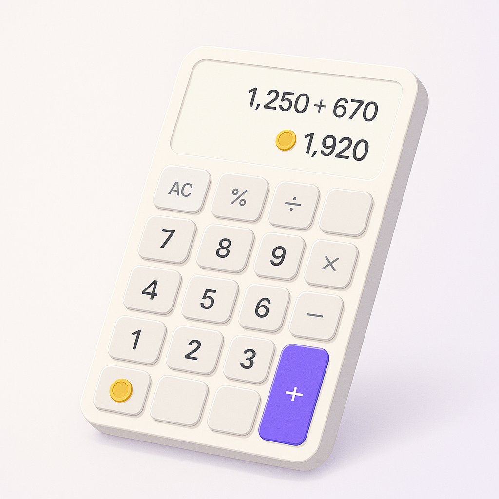 Calculator showing cam token pricing breakdown